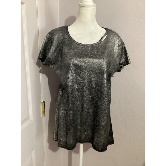 rta Nicola Metallic Tee Black Silver Cotton Cashmere Distressed T-shirt - Picture 1 of 8